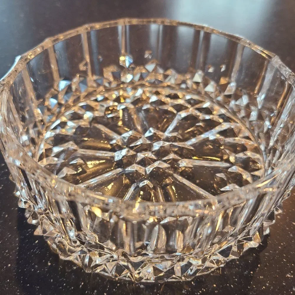 Diamond Cut Drum Shape Glass Crystal Round Open Trinket Candy Dish Vintage
